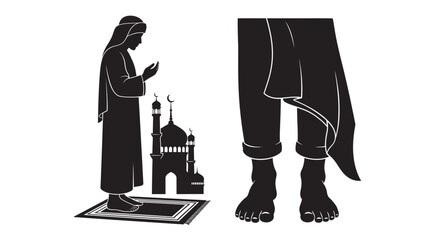 Muslim woman praying with mosque silhouette and feet illustration in minimalist style