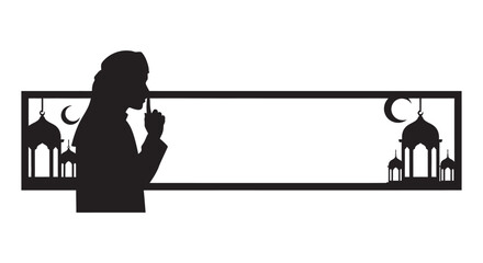 Muslim woman praying silhouette with mosque and crescent moon in minimalist frame