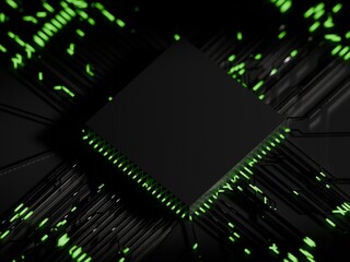 Dark abstract computer chip with glowing green data connections and circuitry 3d render