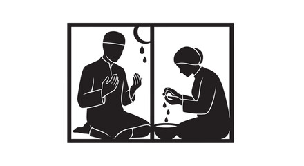 Two people meditating in minimalist black and white illustration with copy space