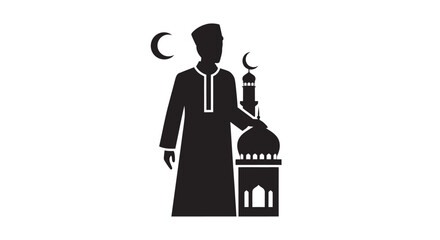 Muslim man standing near mosque with crescent moon in minimalist style