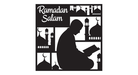 Muslim man reading Quran during Ramadan with lanterns and mosque silhouette