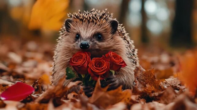 Hedgehog holding red roses in autumn leaves. The 14th of February. Happy Valentine's Day
