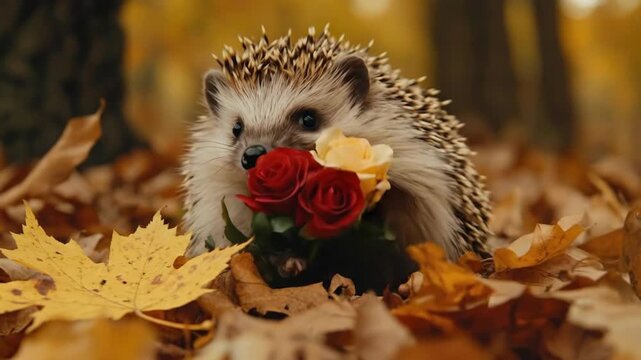 Cute hedgehog holding roses amid autumn leaves. The 14th of February. Happy Valentine's Day