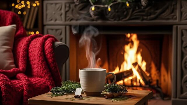 Steaming Mug on Wooden Table Next to Fireplace with Red Blanket Pillow and Twinkling Lights for Holiday Atmosphere