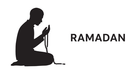 Man praying during Ramadan with rosary beads in a serene silhouette