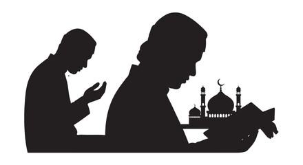 Silhouettes of Muslim men praying and reading Quran near mosque with copy space