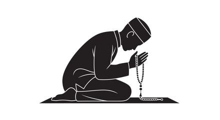 Man praying with rosary beads in contemplative pose on prayer mat