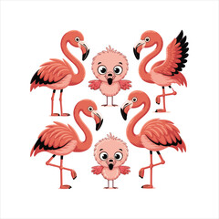 Obraz premium Pink flamingos cartoon vector illustration of tropical birds in nature