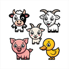 Obraz premium Cute cartoon farm animals collection with cow pig sheep dog cat and bird icons