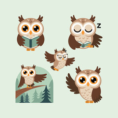 Obraz premium Funny Cute Cartoon Owl Set Illustration