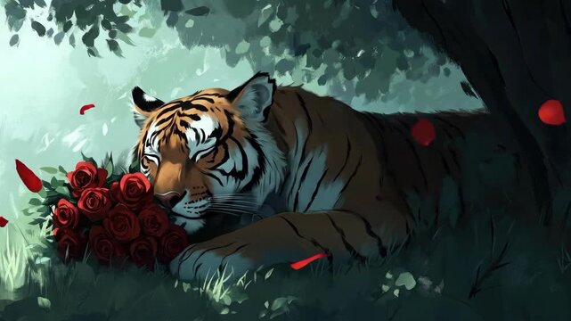 Serene tiger resting with roses under a tree in a sunlit forest. The 14th of February. Happy Valentine's Day