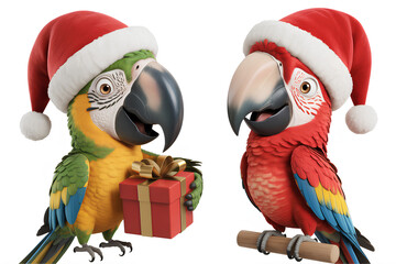 Fototapeta premium Two realistic 3d style parrots with santa hats and christmas gift sitting on wooden perch isolated on white
