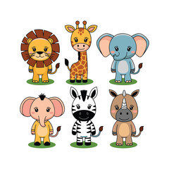 Obraz premium Cute cartoon baby animals like dog, cat, lion, cow, bear, rabbit and elephant smiling together in a colorful zoo style vector illustration set