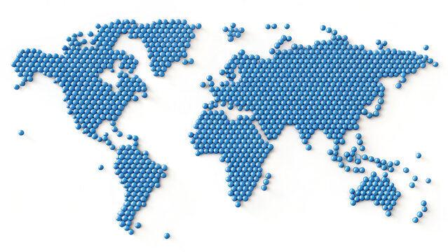 World map made of blue round objects placed on a white surface showing continents and major regions in a creative pattern