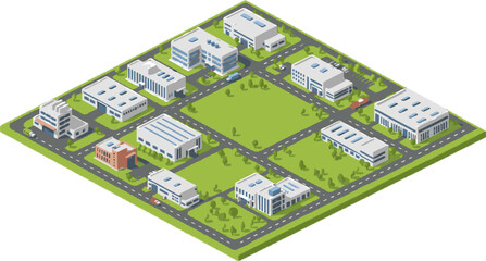 Obraz premium Isometric city plan with modern buildings roads and green spaces illustrating urban development and industrial parks