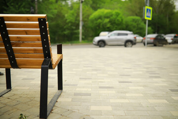 Bench in a park on a sunny autumn morning. Morning walk.