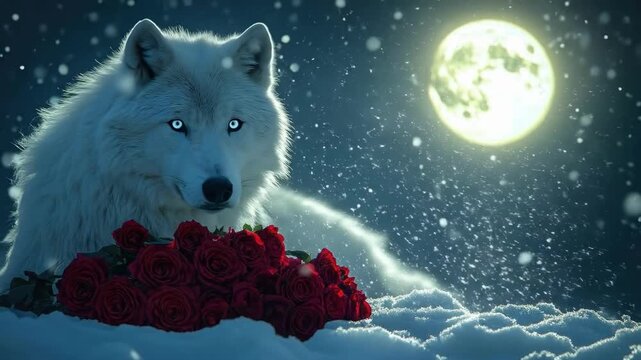 Majestic white wolf resting with red roses under full moon in snowy night. The 14th of February. Happy Valentine's Day