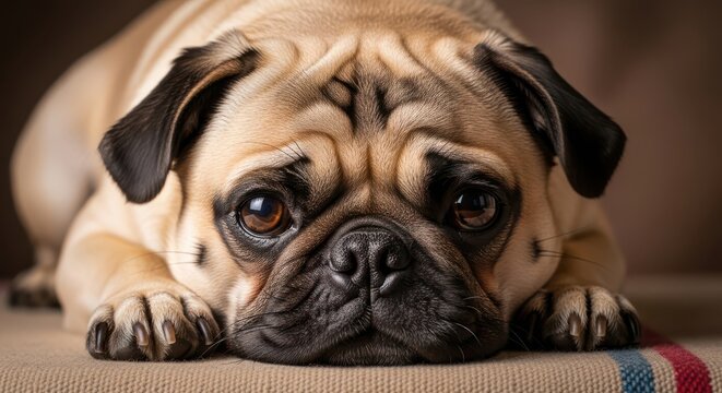 pug dog lying on couch with sad expression looking at camera