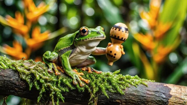 Frog Dance Funny Green Tree Frog Holds Maraca on Mossy Branch