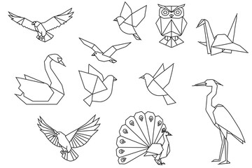 Obraz premium Minimal origami animal birds collection vector illustration featuring creative paper folding faces flying designs for modern decor, education, and projects.
