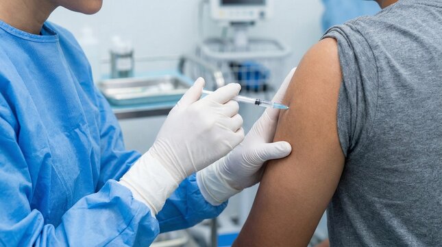 Gloved healthcare worker administering vaccine injection, close up syringe in patient upper arm