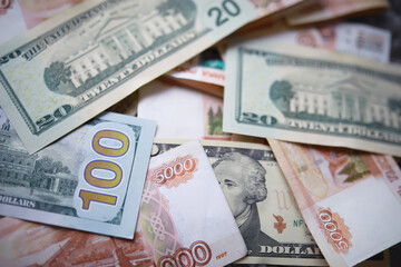 Obraz premium A Russian banknote value of 5000 rubles. The concept of finance, investment, savings and cash. Money background. Currency exhange. Economic crisis. Rouble dollar cash.