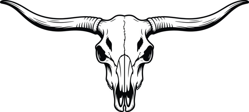 Longhorn skull silhouette, Western icon illustration, cowboy heritage artwork, rustic design vector, Southwestern culture composition, frontier symbol artwork