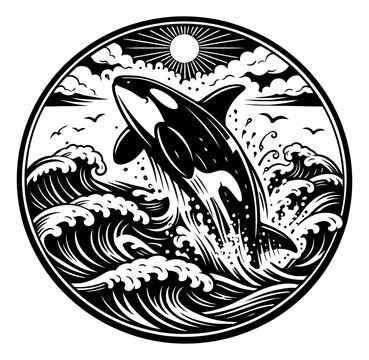 Hand drawn line art illustration of an orca depicting it breaching from ocean waves for marine wildlife