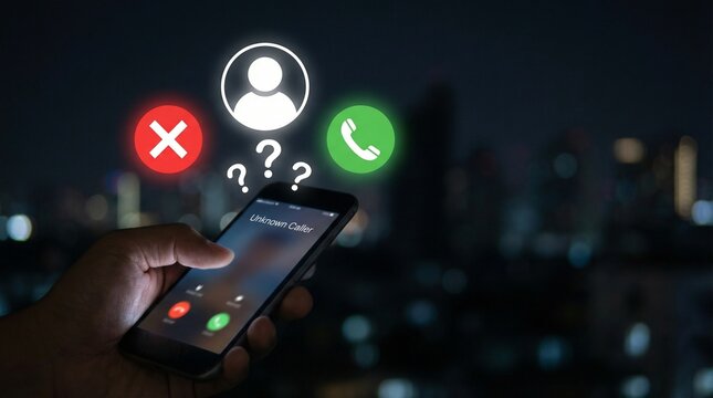 Hand holding smartphone with unknown caller icons, accept or decline call buttons