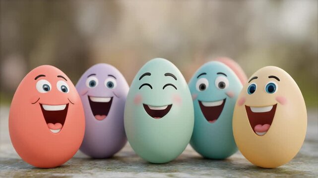 Group of happy colorful Easter eggs with funny smiling faces celebrating springtime holidays together outdoors