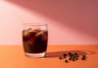 A glass of cold brew coffee on an orange table with coffee beans scattered next to it on a pink background