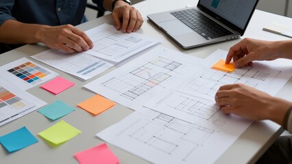 People working on architectural blueprints