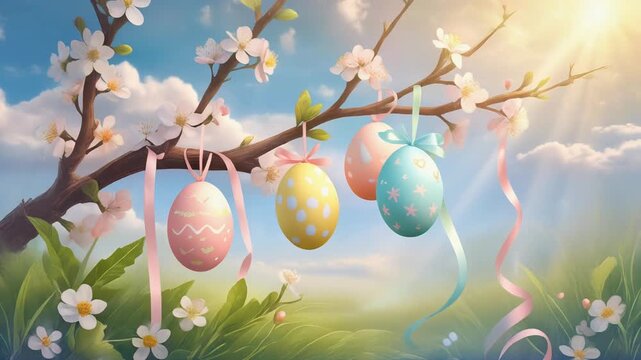 Four brightly decorated Easter eggs hang suspended from a blossoming tree branch under a bright spring sky.