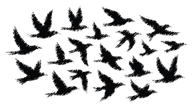 A flock of silhouetted birds flying in a dynamic pattern high quality modern elegant vector illustration for nature design use