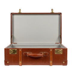 A vintage brown leather suitcase with brass accents and an open lid revealing an empty interior.