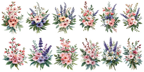 Watercolor floral illustration set featuring roses, peonies, lavender, cherry blossom bouquets and greenery frames for elegant wedding invitations and greeting cards. © prarthana