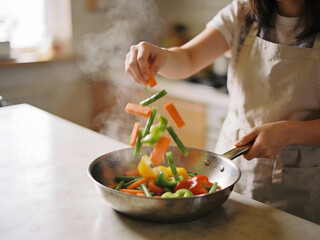 Woman tossing colorful vegetables into a steaming frying pan cooking food