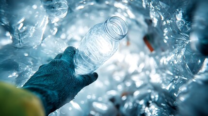 Gloved hand grasps plastic bottle in recycling bin, blue tones