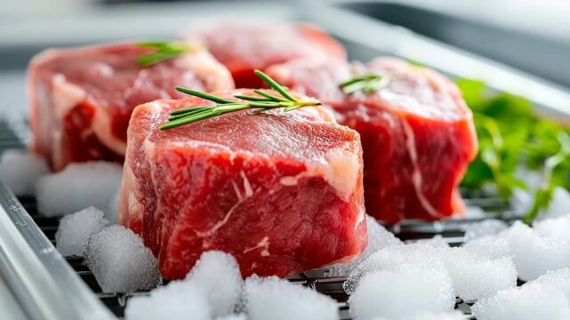 Fresh Raw Lamb Chops with Rosemary on Ice Vibrant Red Color and Marbling for Culinary Excellence, Ideal for Cooking and Grilling, Showcasing Freshness and Quality in Every Scene