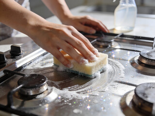 Woman's hands cleaning a stainless steel gas stove with a sponge and soap kitchen