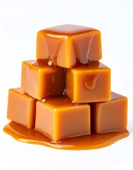 Melting caramel cubes sweet temptation, thick golden syrup dripping, indulgent dessert treat, isolated on white, delicious confection evoking warmth and comfort.
