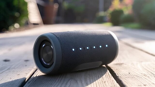 Close-up of a hand pressing the power button on a cylindrical unbranded bluetooth speaker on a wooden deck outdoors