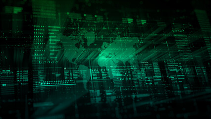 Futuristic Green Digital Technology Background with Global Map and Data Interface for Big Data and Cybersecurity Concepts, Technology Digital Data Abstract Background. 3d Rendering