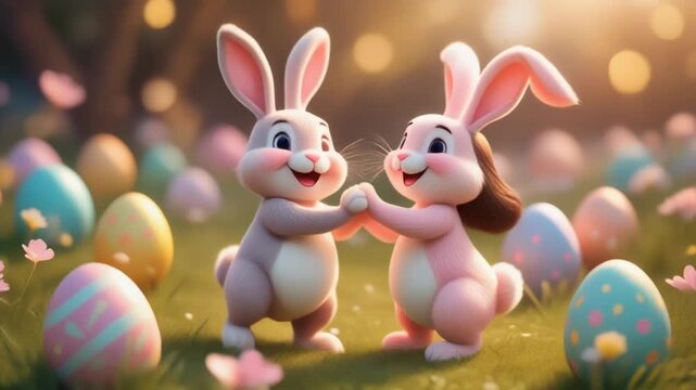 Adorable cartoon Easter bunnies holding hands amidst a field filled with brightly colored decorated eggs