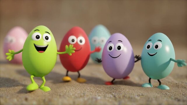 Cute Easter eggs with faces and arms walking together. Colorful characters having fun on a sunny day. 3D rendering of holiday celebration concept.