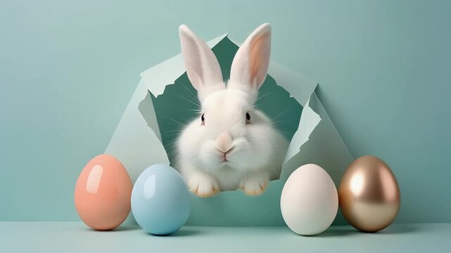 Adorable fluffy white rabbit peeking through a torn paper background next to colorful Easter eggs