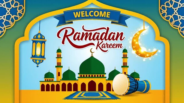 Vibrant Ramadan Kareem greeting illustration featuring mosque, crescent moon, lantern, drum, and prayer mat. Perfect digital template for Islamic holy month celebrations, Eid Mubarak, and cultural...