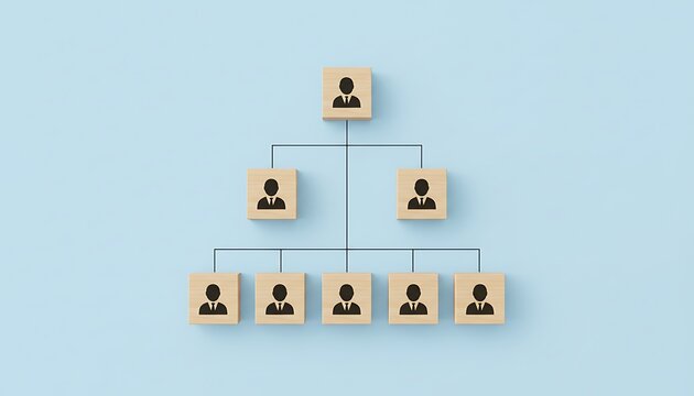 A straightforward organizational chart is assembled from wooden blocks with black person icons, clearly outlining a specific hierarchical structure for team reporting.