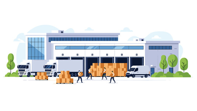 Logistics hub facility shows multiple loading docks with semi trucks vans and workers moving cardboard boxes in a busy warehouse scene.